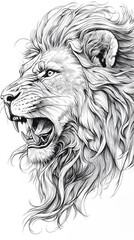 A Detailed Ink Drawing of a Roaring Lion's Head