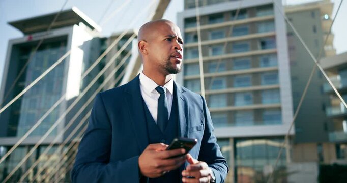 Phone, direction and business black man in city for guide, schedule appointment and location. Search, travel and time with person walking in outdoors for online navigation, networking and connection