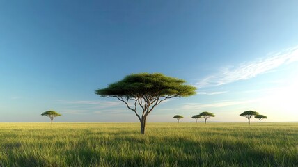 Obraz premium Savannah with acacia trees and vast grasslands, front view, captures expansive wilderness, cybernetic tone, Complementary Color Scheme