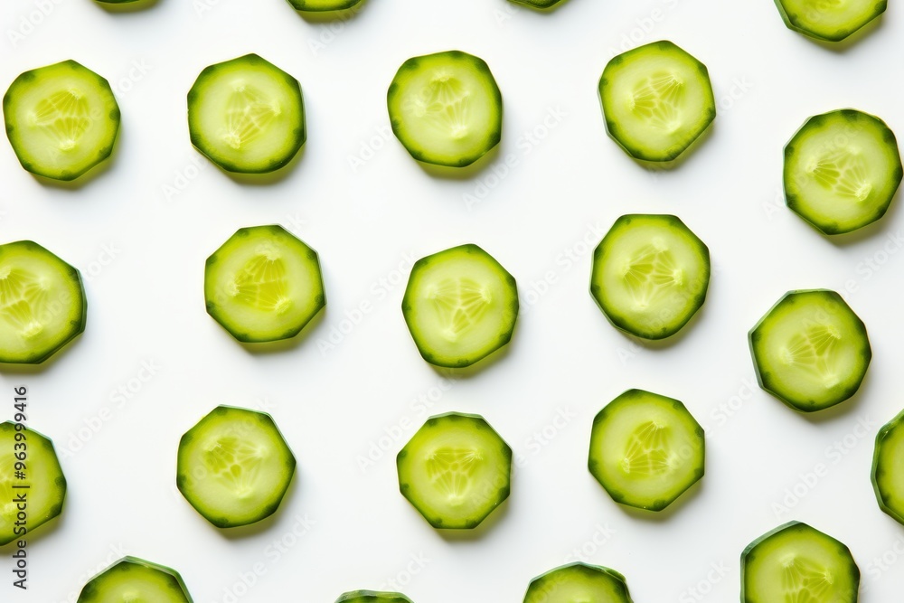 Aufkleber freshly sliced cucumbers arranged neatly on a white background for healthy meal preparation