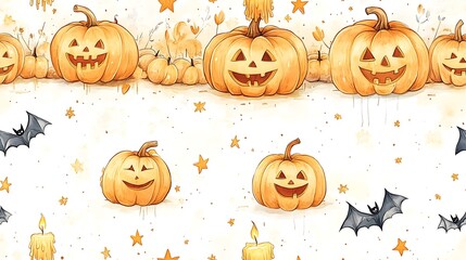 A doodle-style seamless pattern of a pumpkin parade with smiling pumpkins holding candles, surrounded by floating bats and stars, in a whimsical and fun composition, repeating harmoniously,