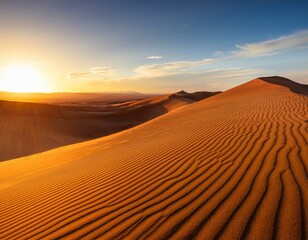 "Golden hour desert landscape with towering sand dunes and soft, warm light illuminating the horizon"