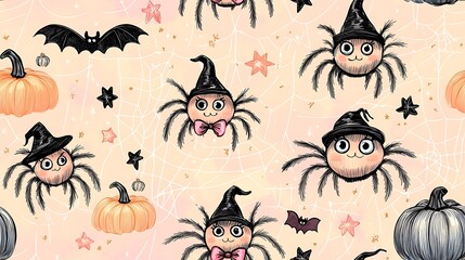 A doodle-style seamless pattern of cute spiders with big eyes hanging out on webs, wearing tiny witch hats and bows, surrounded by stars, pumpkins, and playful bats, soft pastel colors,