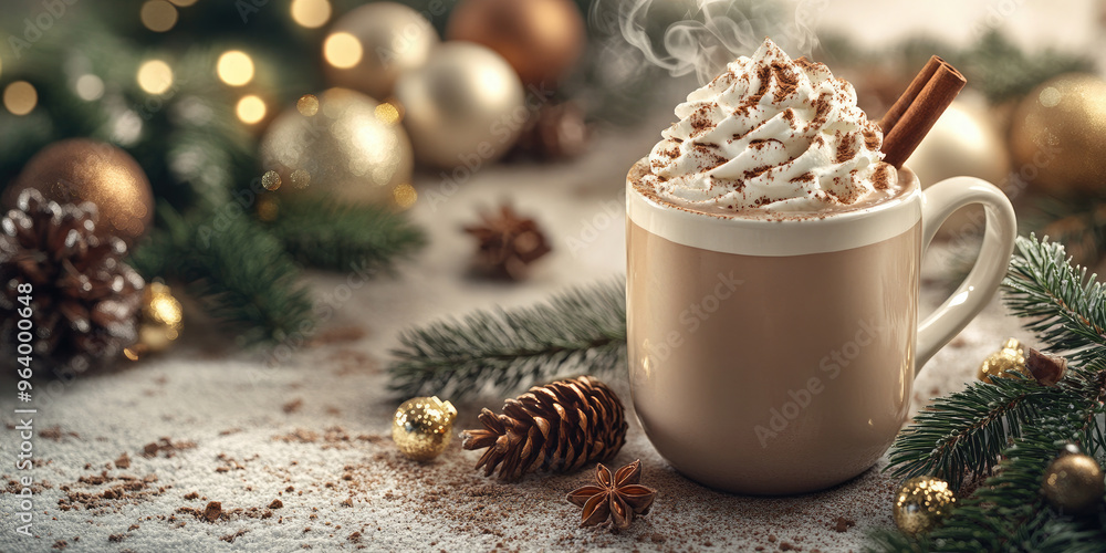 Wall mural steaming mug of hot chocolate with whipped cream, cinnamon, and cocoa powder on a rustic table, surr