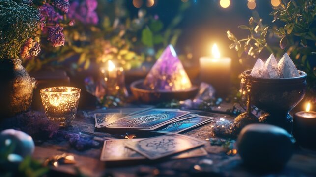 Close up  of tarot cards reading, with candlelights and crystals