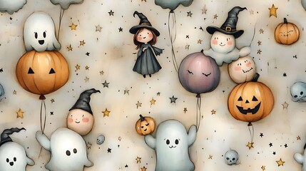 A doodle-style seamless pattern of smiling ghosts floating like balloons, held by a tiny witch and her friends, with stars, moons, and pumpkins scattered in the background, soft pastel colors,