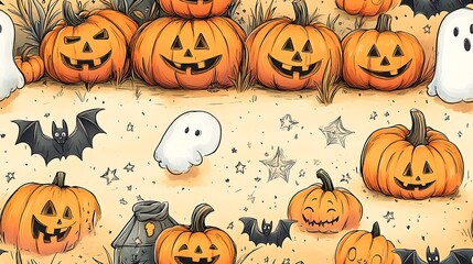 A doodle-style seamless pattern of smiling pumpkins of all sizes playing together in a pumpkin patch, surrounded by friendly bats, floating ghosts, and twinkling stars, soft pastel colors,