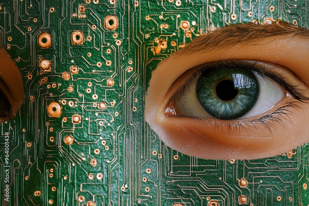Poster synthetic being cognitive exchange and advanced robotics woman with circuitry and microchips integra