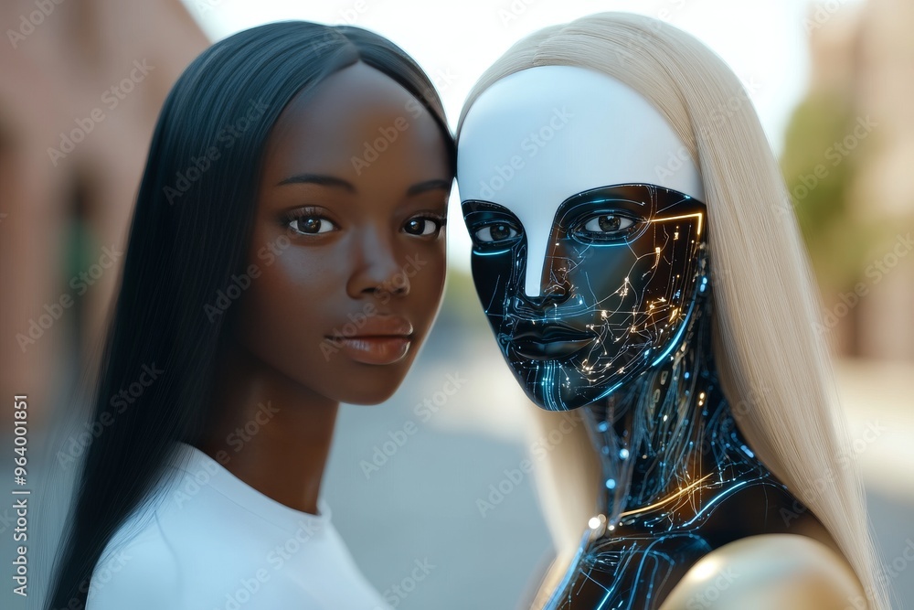 Poster advanced robotics cybernetic empowerment and cognitive computing african woman and android standing 