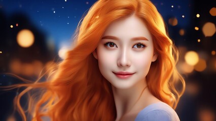 A gorgeous and endearing woman with long orange hair and a blurry, bokeh night background, depicted in an incredibly realistic 3D style, evoking a surreal atmosphere.
