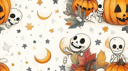 A doodle-style seamless pattern of tiny skeletons cuddling with smiling pumpkins, surrounded by stars, moons, and autumn leaves, soft pastel colors, playful and cute Halloween theme.