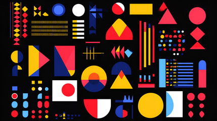 Abstract geometric pattern design in retro style,abstract background with geometric elements, memphis style illustration,A vibrant array of geometric shapes and patterns in various colors creates 