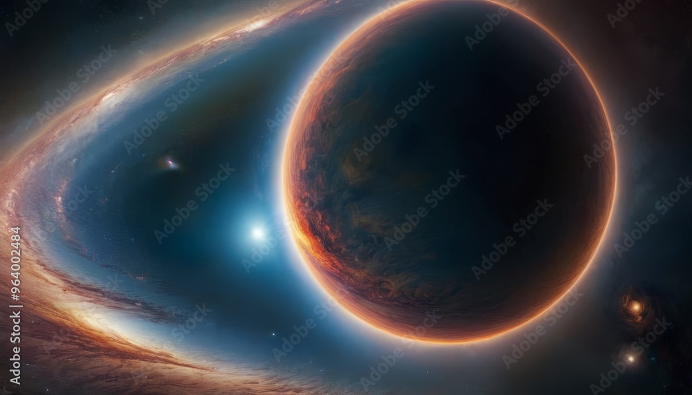 Poster a dark, mysterious planet surrounded by a vibrant, colorful nebula. the image captures the beauty an
