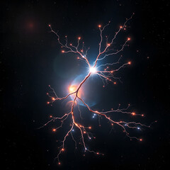 Electric fractal fireworks burst through the dark night sky, casting dancing flames of light that illuminate the infinite expanse of space