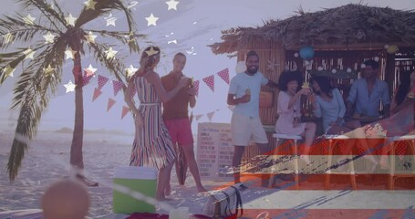 Celebrating on beach, people enjoying drinks over American flag animation - Powered by Adobe