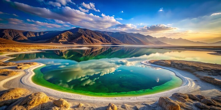 Lake Assal, Djibouti (One of the saltiest bodies of water on Earth) in the evening, transformed into a mirror-like portal, reflecting the vibrant hues of the surrounding landscape