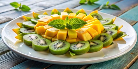 Tropical-inspired cuisine showcasing a geometric pattern of fresh mango slices and kiwi arranged to resemble a bright, tropical sunset on a pristine white plate.