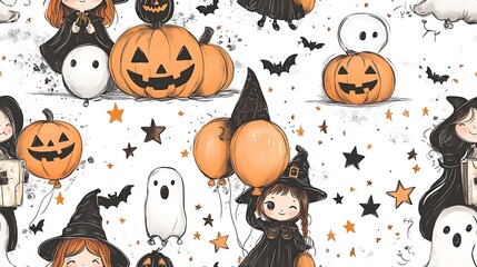 A whimsical doodle-style seamless pattern of ghost balloons, held by a little witch and her companions, surrounded by stars, pumpkins, and bats, soft pastel colors, cute and lively Halloween design.