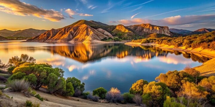2. Golden hour reflections at Lake Cachuma, California, USA - A tranquil evening scene at Lake Cachuma, where a landslide partially formed a reservoir lake in the evening