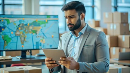 Fototapeta premium An Indian logistics professional using a digital map to track deliveries, set in a modern office environment.