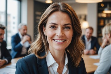 Fototapeta premium Business office, happy woman and portrait with planning, creative or journalist with ideas