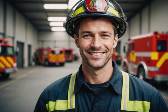Handsome caucasian firefighter smiling to camera indoors