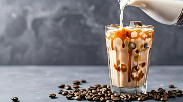 Iced coffee in a clear glass with coffee beans and cinnamon sticks, isolated on a gray background.