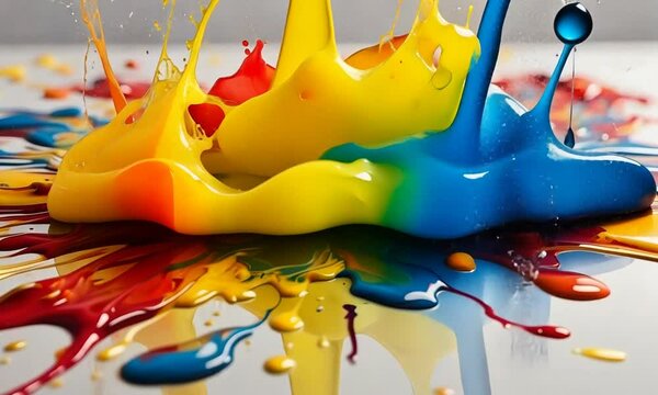 Vibrant Paint Drops: Red, Yellow, and Blue Blending on White Canvas