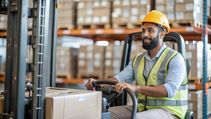 An Indian warehouse worker operating a forklift, moving pallets in a large-scale distribution center.