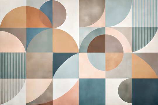 Colorful geometric abstract art with circles and squares in pastel tones on canvas