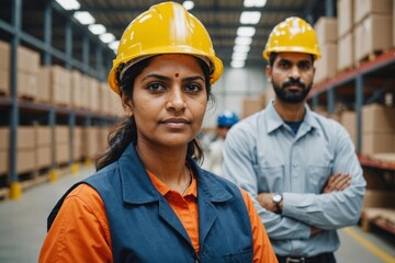 Portrait Indian woman worker supervisor with engineer safety suit work in large factory warehouse