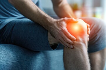 Man holding his knee in pain, close-up of hands and leg with focus on the joint area. inflammatory osteoarthritis knee ,generative ai