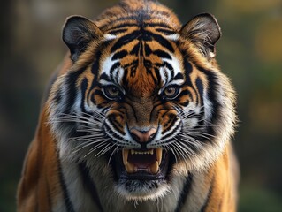 Fototapeta premium Close up head shot Sumatran tiger looking at camera .Generative ai