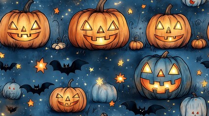 Adorable doodle-style seamless pattern of candlelit jack-o'-lanterns with happy flames, surrounded by stars, bats, and pumpkins, soft pastel tones, playful and whimsical Halloween vibe.