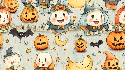 Adorable doodle-style seamless pattern of candy corn characters in Halloween costumes, trick-or-treating with tiny bags and pumpkins, surrounded by stars, moons, and bats, soft pastel tones,