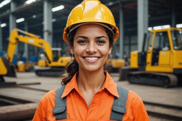 Portrait of  smiling Brazilian woman worker beautiful face with eye confident and wearing working suite dress and safety helmet at heavy machine in industry factory