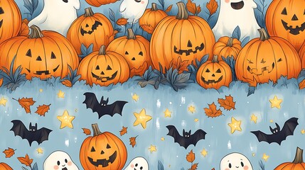 Adorable doodle-style seamless pattern of happy pumpkins playing in a pumpkin patch, surrounded by friendly bats, ghosts, and twinkling stars, with autumn leaves scattered around, soft pastel tones,