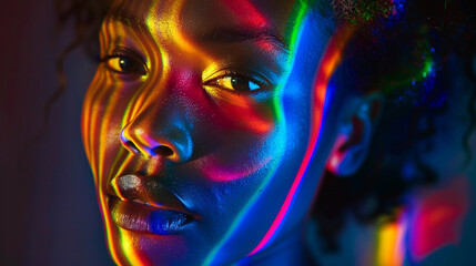 Fototapeta premium Create a striking image of a girl, illuminated by rainbow lights that symbolize pride and diversity, capturing her essence with vibrant colors.