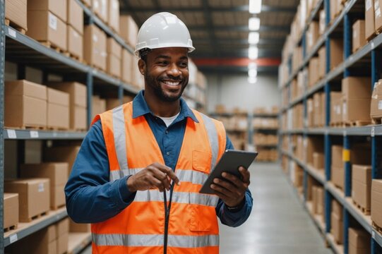 Portrait  smiling vman american african professional worker wearing safety uniform using digital tablet inspect product on shelves in warehouse