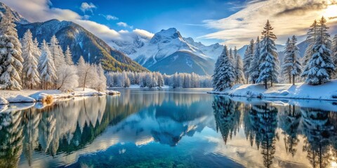 11. Winter Wonderland: A serene winter scene with snow-dusted trees, crystal-clear lakes, and majestic mountains, evoking feelings of grandeur and majesty.