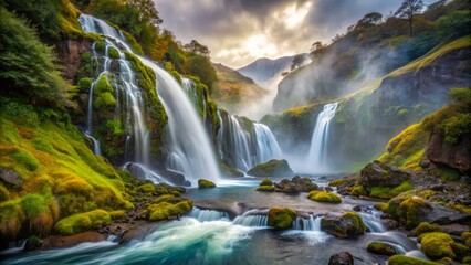 Obraz premium Patagonia Coast where a hidden, iridescent waterfall cascades down a misty, moss-covered slope