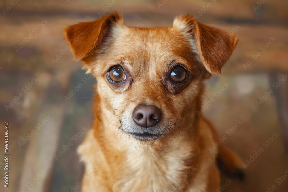 Poster A small brown dog sitting on top of a couch