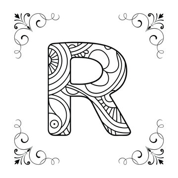 recommend clip art:  vector illustration of letter 'R' coloring page with smooth lines on a white background.