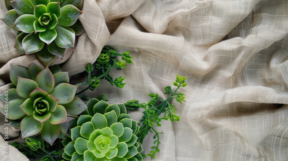 Sticker Succulents displayed on linen fabric. Home decor and gardening idea. Overhead view.