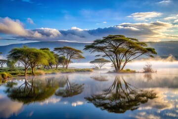 Lake Nakuru in the evening, enveloped in a mystical fog, hiding secrets and surprises beneath its misty veil.
