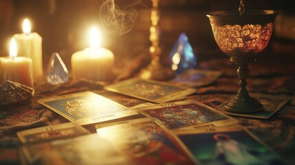 Fototapeta premium Tarot cards and a pendulum in motion, with detailed tarot cards, a crystal, and soft candlelight