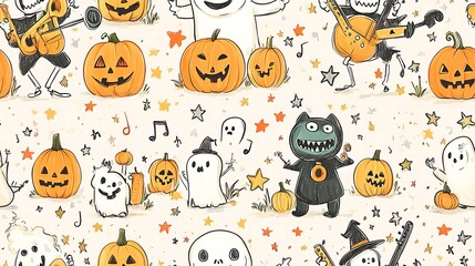 Cute doodle-style seamless pattern featuring monsters playing instruments in a Halloween band, with dancing ghosts and skeletons, surrounded by stars, pumpkins, and musical notes, soft pastel tones,