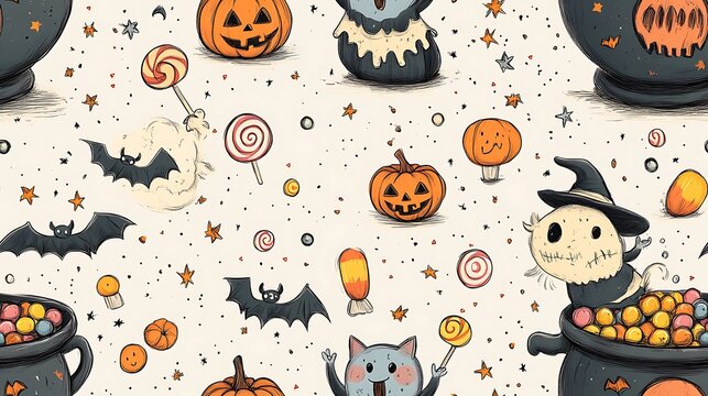 Cute doodle-style seamless pattern featuring little monsters reaching into a cauldron filled with candy, with floating candy corn, lollipops, and pumpkins scattered around, soft pastel colors,