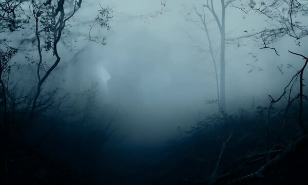 Eerie, shadowy forest filled with twisted branches, fog, and faint whispers of ghostly apparitions.