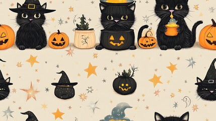 Cute doodle-style seamless pattern of black cats brewing potions in cauldrons, with witch hats, surrounded by stars, pumpkins, and magical sparkles, pastel tones, lighthearted Halloween theme.